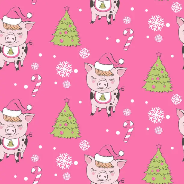 Vector illustration of Set of cute pig cartoon seamless characters pattern. Chinese symbol of the 2019 year. Happy New Year. Cute funny piggy illustration.