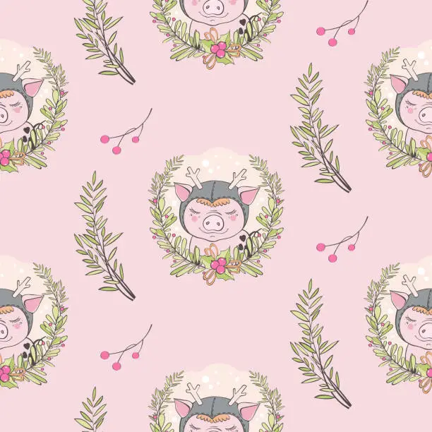 Vector illustration of Set of cute pig cartoon seamless characters pattern. Chinese symbol of the 2019 year. Happy New Year. Cute funny piggy illustration.