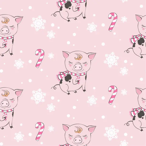 Vector illustration of Set of cute pig cartoon seamless characters pattern. Chinese symbol of the 2019 year. Happy New Year. Cute funny piggy illustration.