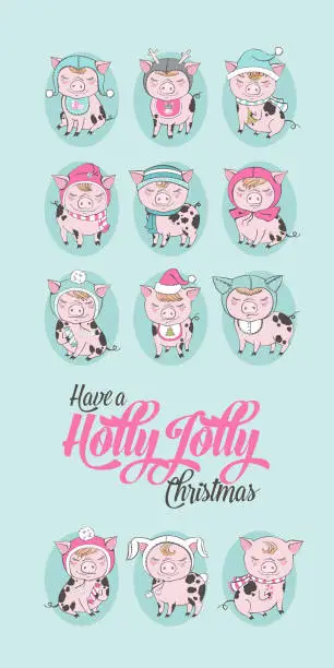 Vector illustration of Set of cute pig cartoon characters. Chinese symbol of the 2019 year. Happy New Year. Cute funny piggy illustration.