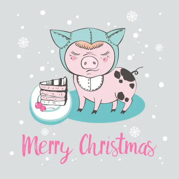 Vector illustration of Set of cute pig cartoon characters. Chinese symbol of the 2019 year. Happy New Year. Cute funny piggy illustration.