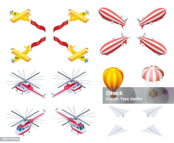 Modern And Retro Aircraft Isometric Vector Icons Stock Illustration - Download Image Now - Isometric Projection, Helicopter, Hot Air Balloon