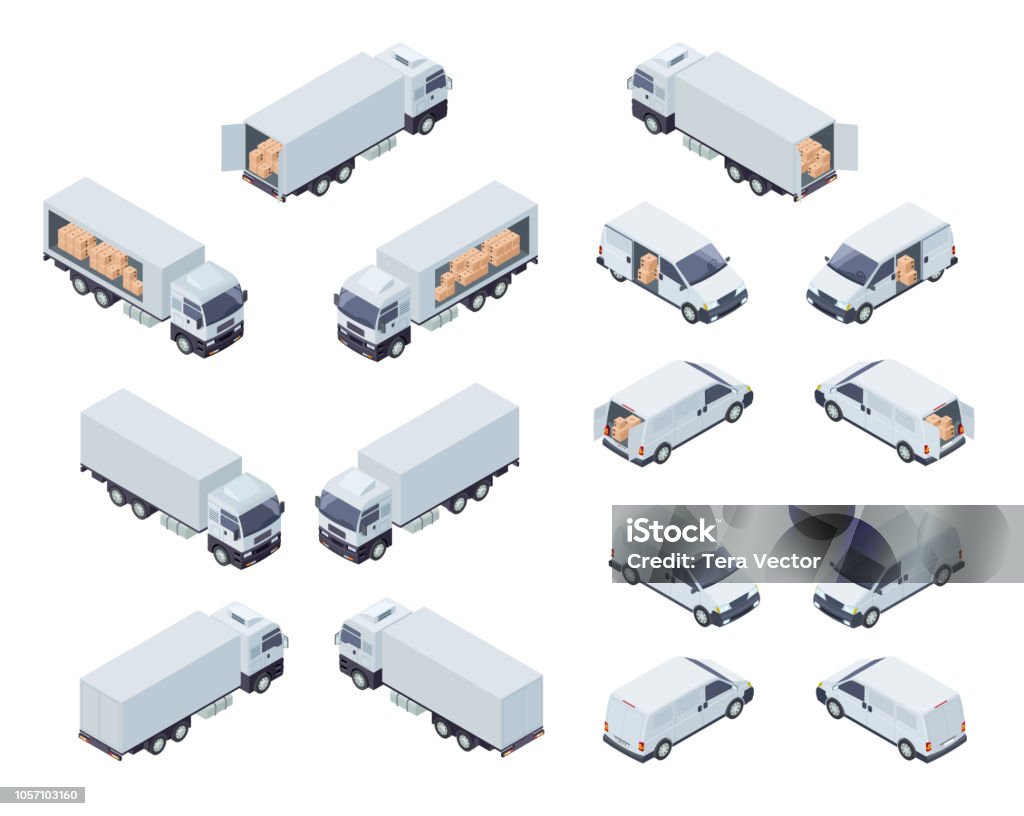 Loaded Cargo Vehicles Isometric Vector Icons Set Commercial Cargo Transport Isometric Projection Vector Icons Set Isolated on White Background. Cargo Truck With Semi-Trailer and Minivan or Minibus Loaded with Boxes 3d Illustrations Collection Isometric Projection stock vector