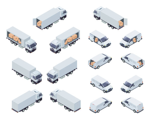 Loaded Cargo Vehicles Isometric Vector Icons Set Commercial Cargo Transport Isometric Projection Vector Icons Set Isolated on White Background. Cargo Truck With Semi-Trailer and Minivan or Minibus Loaded with Boxes 3d Illustrations Collection mini van stock illustrations