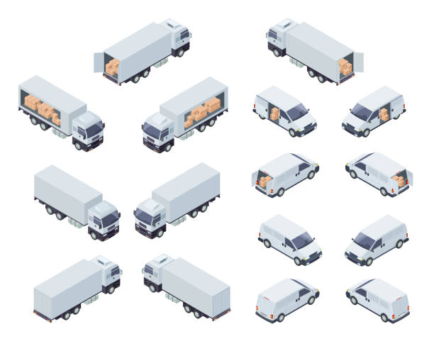 Loaded Cargo Vehicles Isometric Vector Icons Set Commercial Cargo Transport Isometric Projection Vector Icons Set Isolated on White Background. Cargo Truck With Semi-Trailer and Minivan or Minibus Loaded with Boxes 3d Illustrations Collection minivan stock illustrations