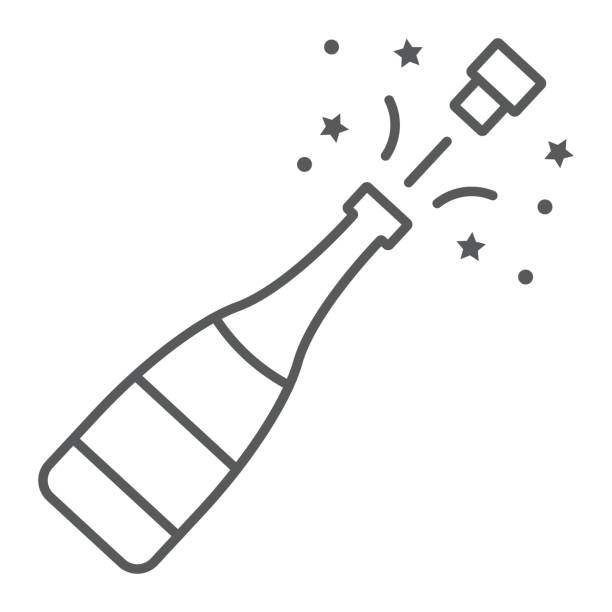 ilustrações, clipart, desenhos animados e ícones de garrafa de champanhe pop fina linha ícone, álcool e celebração, sinal de bebida, gráficos vetoriais, um padrão linear sobre um fundo branco. - cork champagne isolated celebration