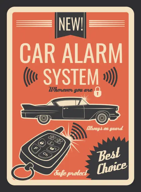 Vector illustration of Car alarm system vintage poster with key and lock