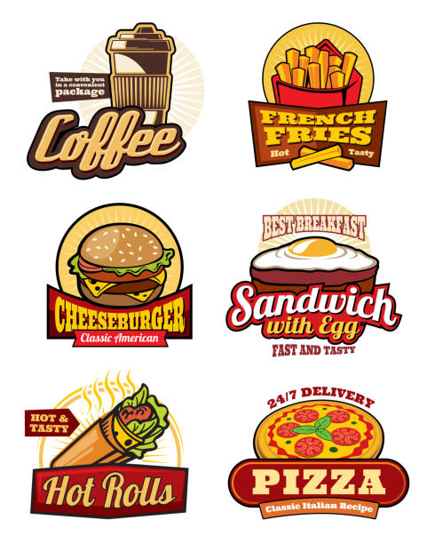 illustrations, cliparts, dessins animés et icônes de conçoivent des étiquettes rétro du repas restaurant restauration rapide - burger hamburger cheeseburger fast food