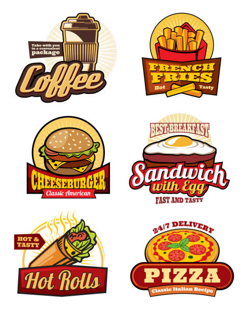 Fast food restaurant meal retro labels design Fast food restaurant retro labels. Hamburger, pizza and french fries, cheeseburger, coffee, egg sandwich and mexican burrito isolated badge for cafe menu or food delivery service design fast food stock illustrations