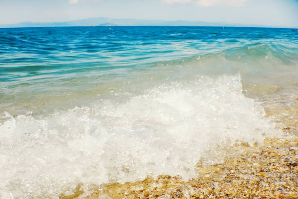 istock Soft wave of blue ocean on sandy beach Background 1057123292