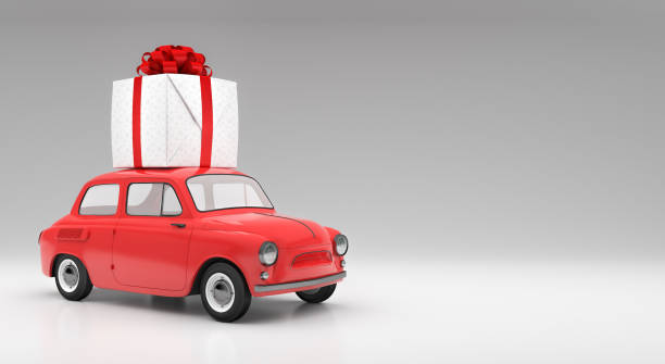 Red Car Carrying Christmas Gift 3d render
