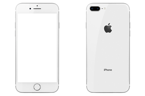 Studio shot of a silver iPhone 8 Plus front & rear view. Specs: size 5.5 inches, resolution 1080 x 1920 pixels 16:9 ratio, camera 12MP. It is a smart phone produced by Apple Computers Inc and released in 2017, September.