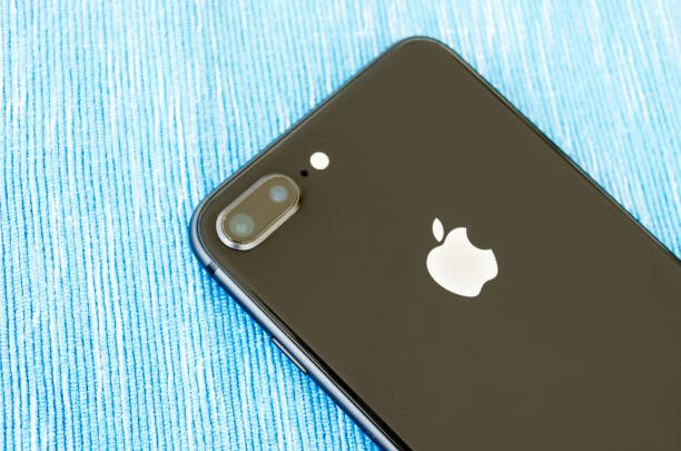 black iphone 8 plus backside and close up camera stock photo