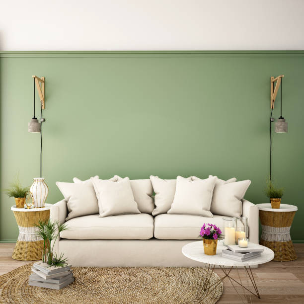 istock interior design for living area or reception with sofa,plant,sidetable,props on wood floor and white and deep green in Scandinavian style background  / 3d illustration,3d rendering 1057132994