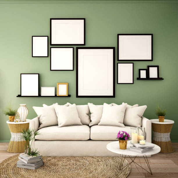 istock interior design for living area or reception with sofa,plant,sidetable,props on wood floor and white and deep green in Scandinavian style background  / 3d illustration,3d rendering 1057133002