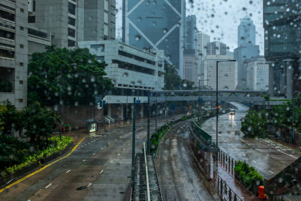 Heavy rain, emty streets and a fallen tree in the empty streets of Hong Kong after a storm - 1 Heavy rain, emty streets and a fallen tree in the empty streets of Hong Kong after a storm - 1 typhoon stock pictures, royalty-free photos & images