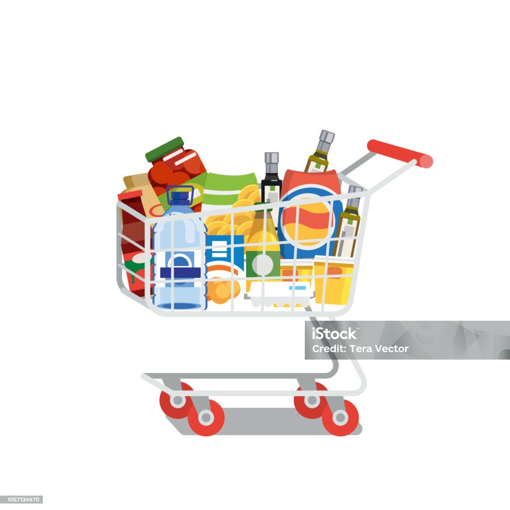 Shopping Cart Full of Food Isolated Flat Vector Supermarket Cart or Trolley Full of Food Products and Drinks Flat Vector Illustration Isolated on White Background. Modern Grocery Store, Food Shop or Supermarket Goods Assortment. Shopping Concept Shopping Cart stock vector