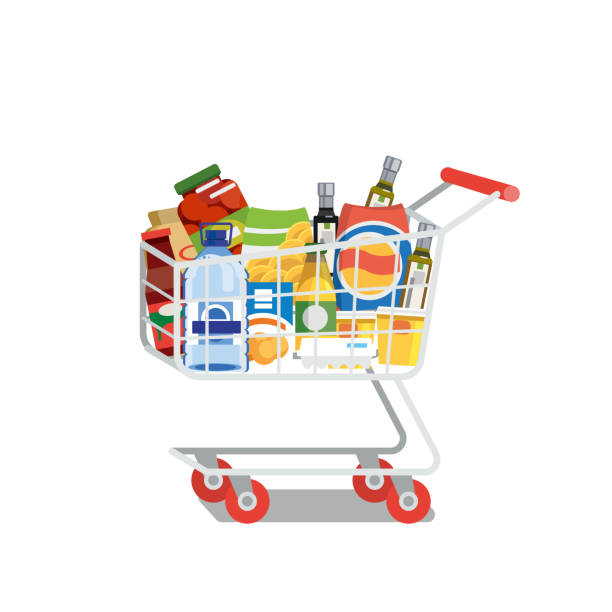 Shopping Cart Full of Food Isolated Flat Vector Supermarket Cart or Trolley Full of Food Products and Drinks Flat Vector Illustration Isolated on White Background. Modern Grocery Store, Food Shop or Supermarket Goods Assortment. Shopping Concept cart illustrations stock illustrations