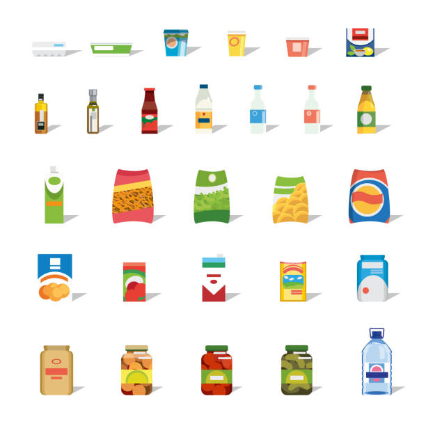 음식과 음료 평면 벡터 아이콘의 큰 컬렉션 - 식품 가공 공장 일러스트 stock illustrations