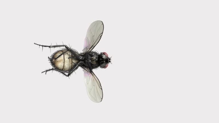 Housefly slow motion flying on white background