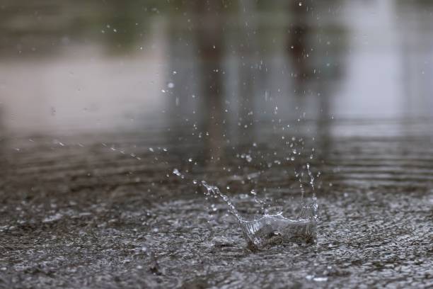istock Rain heavy drops in the water shadow reflection. people hide from rain under a building while walk with umbrellas in rain going to or from work walk in the city. Rain starts. the storm rainy season 1057149636