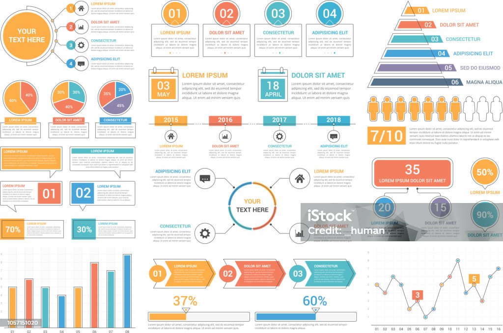 Infographic Elements Infographic elements - bar and line charts, percents, pie charts, steps, options, timeline, people infographics, vector eps10 illustration Infographic stock vector