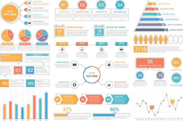 Infographic Elements Infographic elements - bar and line charts, percents, pie charts, steps, options, timeline, people infographics, vector eps10 illustration bar graph illustrations stock illustrations