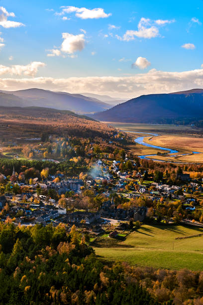 Cairngorms from Braemar village, Scotland View westwards along the Dee Valley above Braemar, Scotland. cairngorm mountains stock pictures, royalty-free photos & images