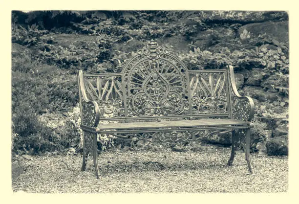 Old metal garden seat digitally processed as a facsimile of an Ambrotype photograph.