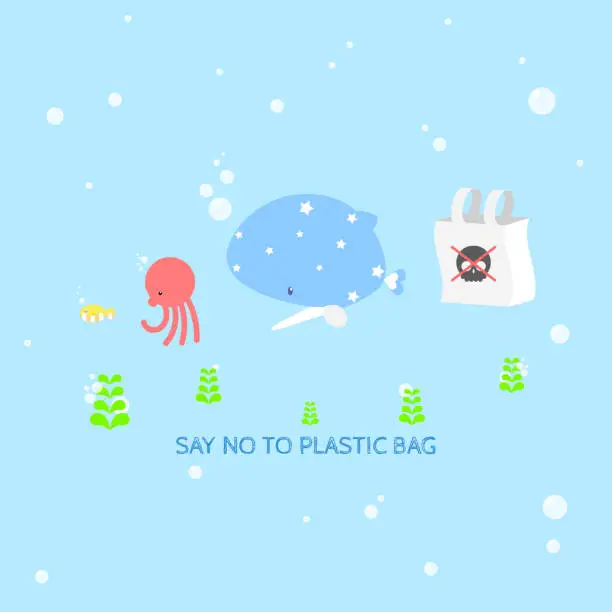 Vector illustration of international plastic bag free day with fish,whale,octopus in the sea ocean save nature world earth pollution logo label icon in blue background