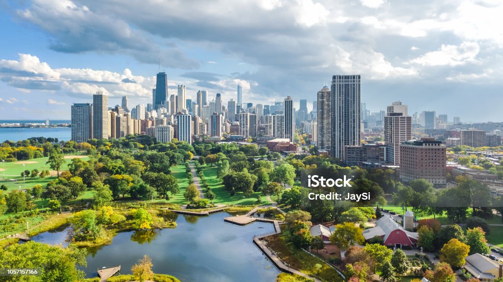 Chicago skyline aerial drone view from above, lake Michigan and city of Chicago downtown skyscrapers cityscape from Lincoln park, Illinois, USA City Stock Photo