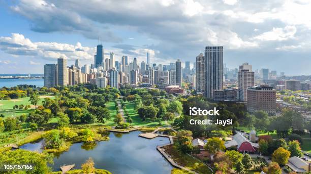 Chicago Skyline Aerial Drone View From Above Lake Michigan And City Of Chicago Downtown Skyscrapers Cityscape From Lincoln Park Illinois Usa Stock Photo - Download Image Now