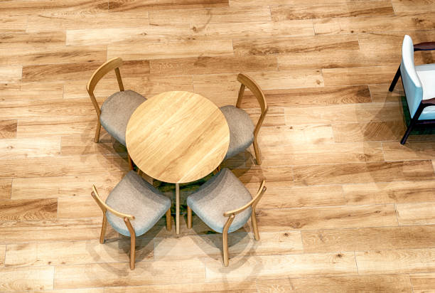 top view of wood tables and chairs