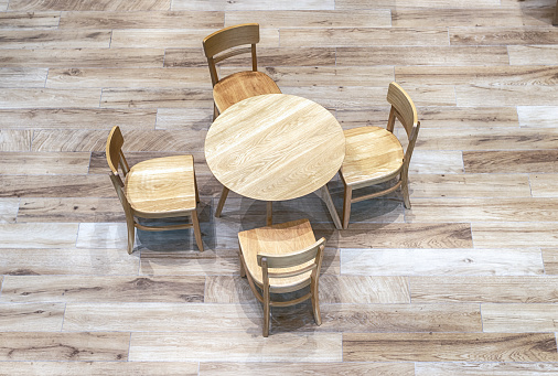 top view of wood tables and chairs