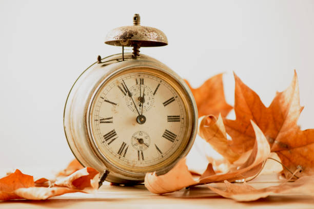 istock old alarm clock surrounded by dry leaves 1057159966