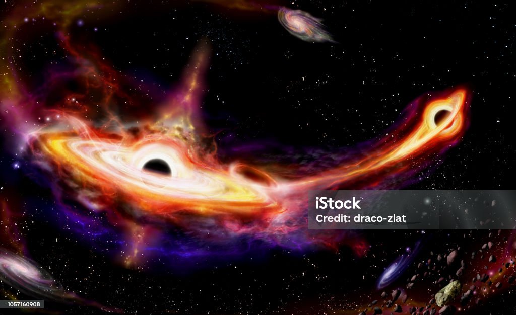 Collisione di due galassie Quasar con buco nero nel centrum - Foto stock royalty-free di Buco nero