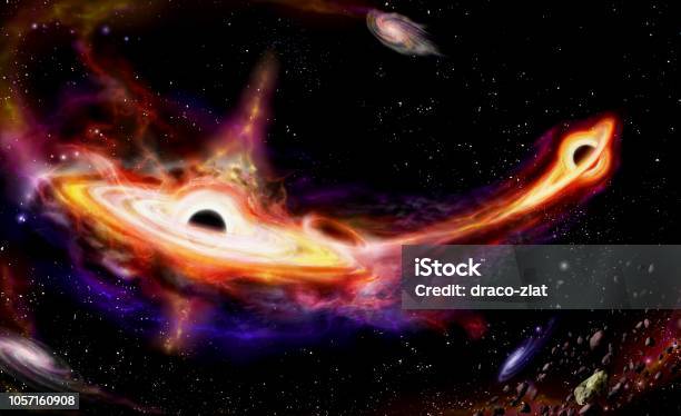 Collisione Di Due Galassie Quasar Con Buco Nero Nel Centrum - Fotografie stock e altre immagini di Buco nero