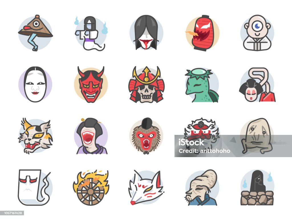 Japanese ghost icon set. Included icons as spirit, monster, demon, folklore and more. Mask - Disguise stock vector