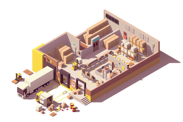 Vector isometric low poly warehouse cross-section Vector isometric low poly warehouse cross-section with trucks, crates and pallets, loading docks, building interior, warehouse conveyor, pallet racking system, forklift, office, cold storage, CCTV factory stock illustrations