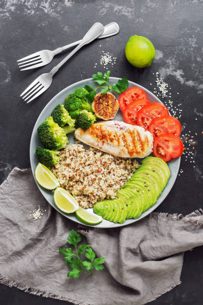 istock Quinoa with grilled chicken, avocado, broccoli buddha bowl on a black concrete background. Healthy food concept. Top view, flat lay. 1057169292