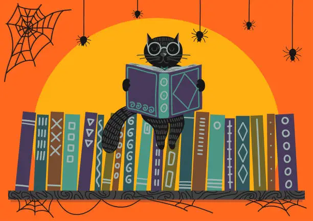 Vector illustration of Halloween. Black cat reading book on bookshelf