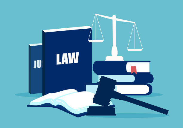 Flat design of law system elements Simple design of legal system elements with books and scales on blue background justice concept stock illustrations