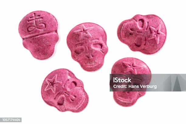 Five Red Army Skull Ecstasy Mdma Or Medication Pills Shaped Like A Skull On A White Background Stock Photo - Download Image Now - iStock