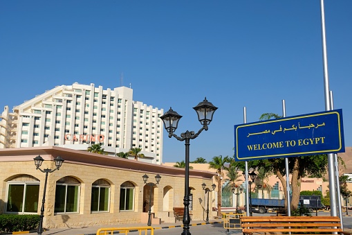 Taba border terminal and casino building background, Egypt.