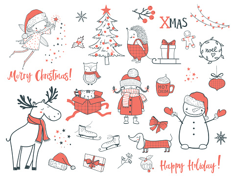 Cute christmas animals and elements set. Cartoon vector illustration. Use for print design, surface design, gift, greeting cards