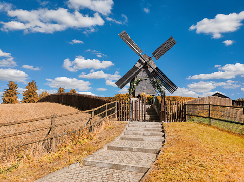Historical windmill in Marzahn, Eastern Berlin, Germany, on a bright day in Autumn