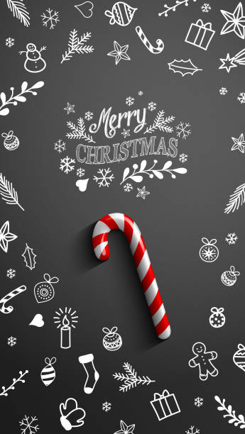Candy cane with chalk doodles on black background Christmas theme,candy cane lying on blackboard with chalk doodle and text Merry Christmas, mobile phone wallpaper, vector illustration, eps 10 with transparency christmas stocking background stock illustrations