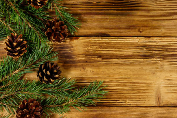istock Christmas composition with fir tree branches and cones on wooden background. Top view, copy space 1057180698