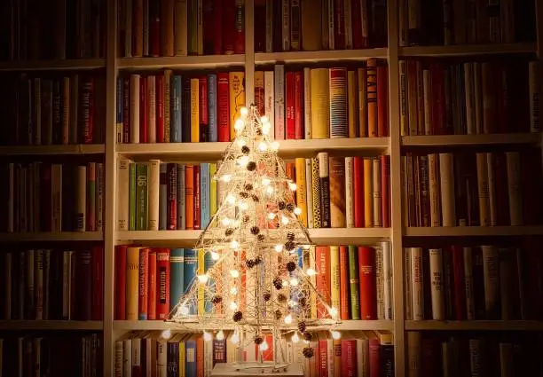 Photo of Illuminated christmas tree standing in the library