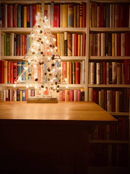 istock Illuminated christmas tree standing in the library 1057183550
